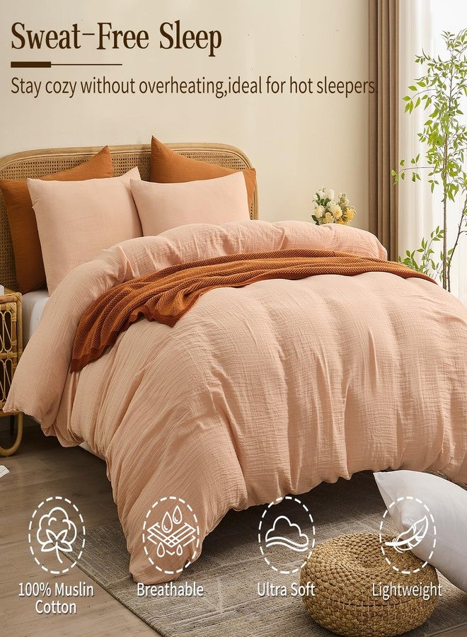 MEISHANG Muslin Duvet Cover Queen Size - 100% Organic Cotton, Soft Textured Gauze Weave Comforter Cover for Breathable All-Season with Zipper Closure - 3 Piece Set (Queen, Cameo Rose) - Image 2