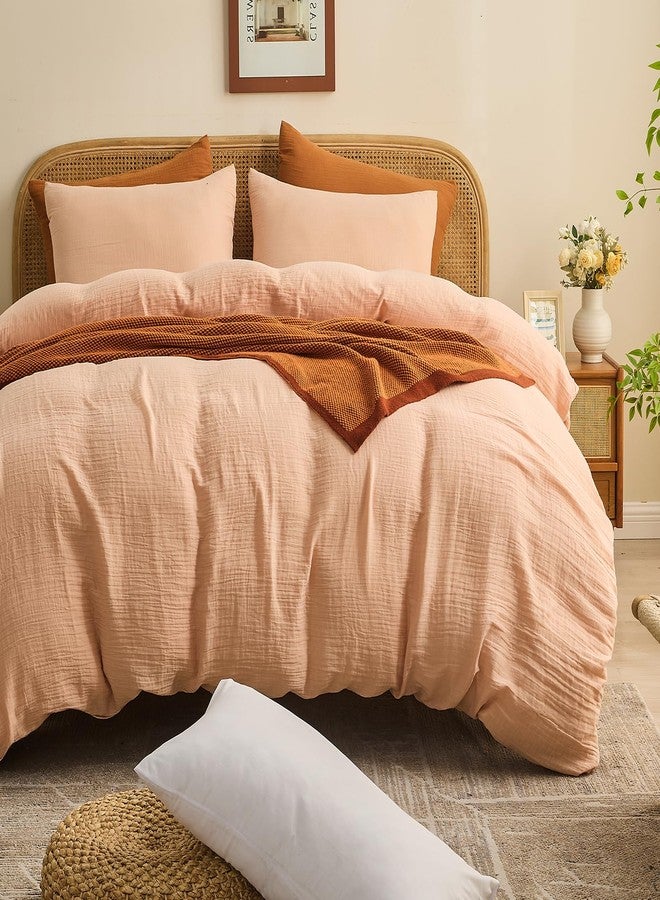 MEISHANG Muslin Duvet Cover Queen Size - 100% Organic Cotton, Soft Textured Gauze Weave Comforter Cover for Breathable All-Season with Zipper Closure - 3 Piece Set (Queen, Cameo Rose) - Image 1