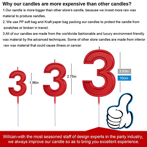 Willcan 3.93in Big Size Happy Birthday Metallic Red 3 Candles, Red Color Happy Birthday Cake Cupcake Toppers Decoration and Celebrating for Adults/Kids Party or Family Baking (3.93in red Number 3) - Image 2