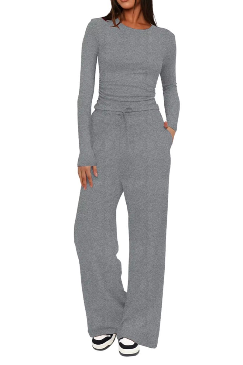 SOLOBUY Pyjamas Set Jersy Women's Long-Sleeved, Elastic Waist, Collar Round, Pants, Color  Gray - Image 1