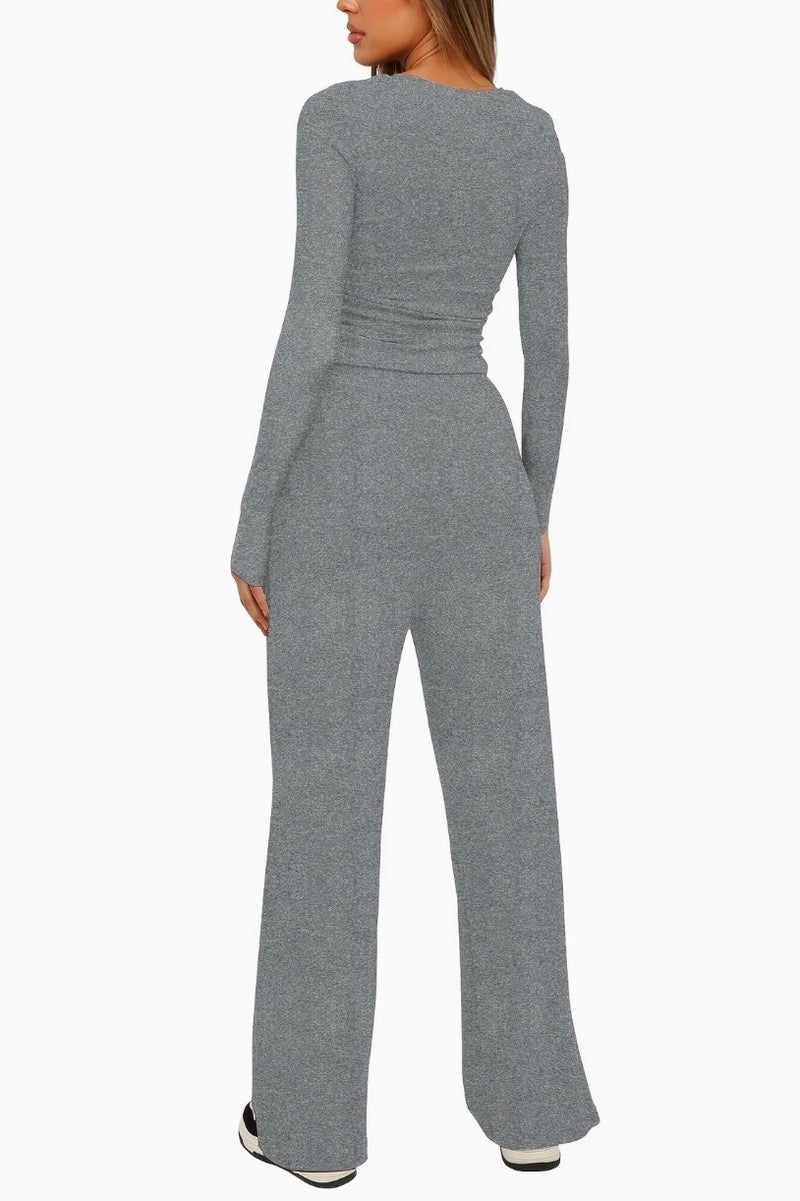 SOLOBUY Pyjamas Set Jersy Women's Long-Sleeved, Elastic Waist, Collar Round, Pants, Color  Gray - Image 2