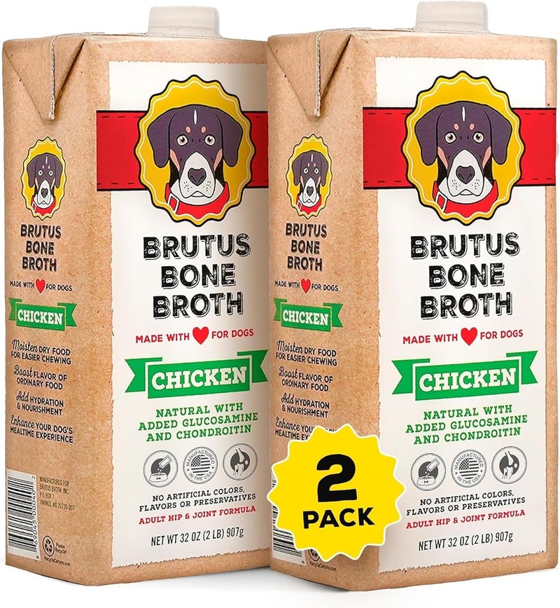 مرق دجاج من Brutus للكلاب - مرق عظام دجاج طبيعي 100% يحتوي على الكوندرويتين والجلوكوزامين والكركم، مكملات غذائية من الدرجة البشرية للكلاب الانتقائية في الأكل والأطعمة الجافة - لذيذ ومغذي - عبوة تحتوي على 2 قطعة. - Image 1