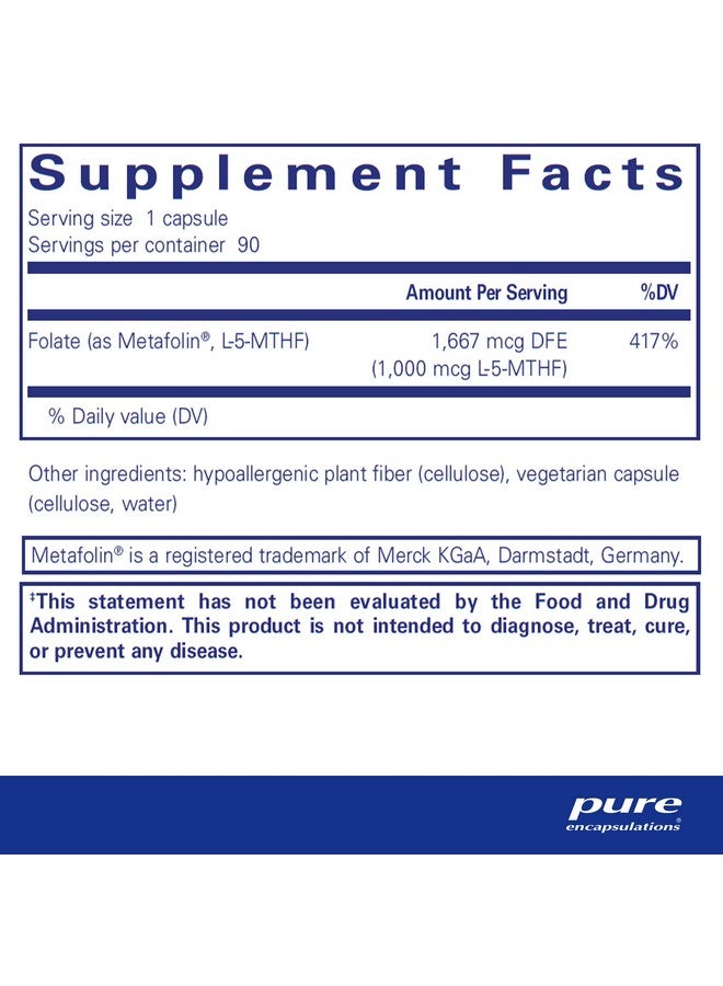 Pure Encapsulations Folate 1000 ; Hypoallergenic Supplement With Metafolin L5Mthf* ; 90 Capsules - Image 3