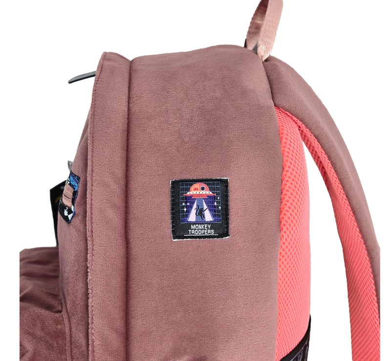 Monkey Troopers Coze Space Laptop Backpack for Men & Women, Premium Suede & PU Travel Backpack with Padded Laptop Sleeve, Organizer Pockets, Luggage Strap, College School Work Backpack, Peach - Image 4