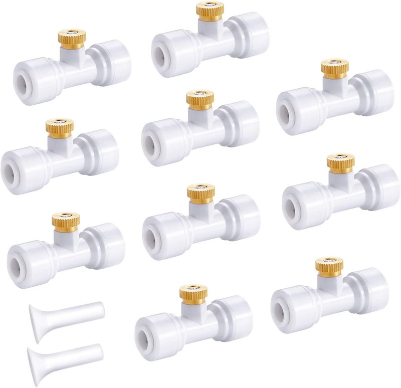 homenote 10 Pack Brass Misting Nozzles for Outdoor Cooling System, Mister Replacement Nozzles Tee and Plugs for 1/4" Tubing - Image 1