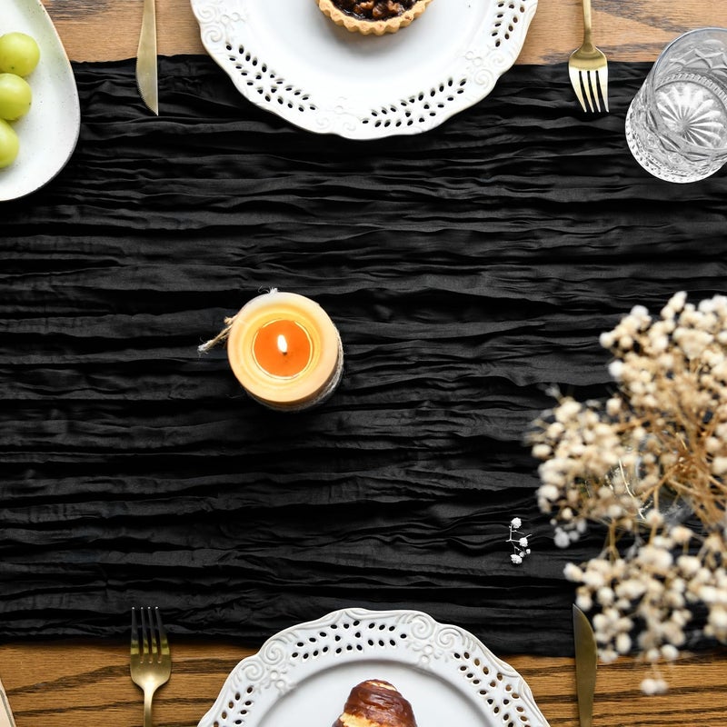 Artoid Mode Boho Black Gauze Wedding Cheesecloth Table Runner, 35x120 Inch Seasonal Fabric Kitchen Dining Holiday Table Decor for Home Party - Image 4