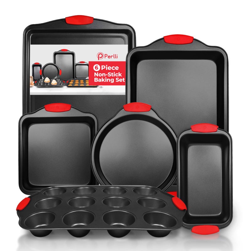 PERLLI Non-Stick 6-Piece Baking Pan Set, BPA-Free Carbon Steel Bakeware Set with Silicone Handles, Stackable Kitchen Oven Set, Cookie Sheet, Baking Tray, Baking Sheet Set, Oven Safe (446Â°F) - Image 1