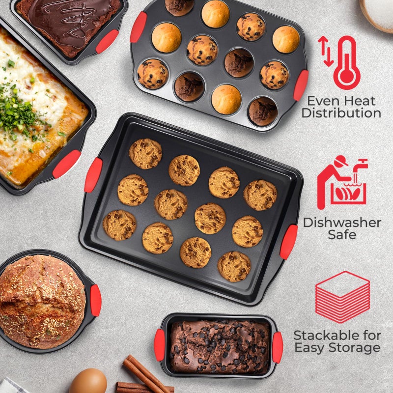 PERLLI Non-Stick 6-Piece Baking Pan Set, BPA-Free Carbon Steel Bakeware Set with Silicone Handles, Stackable Kitchen Oven Set, Cookie Sheet, Baking Tray, Baking Sheet Set, Oven Safe (446Â°F) - Image 4