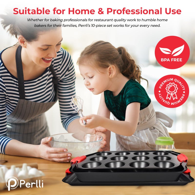 PERLLI Non-Stick 6-Piece Baking Pan Set, BPA-Free Carbon Steel Bakeware Set with Silicone Handles, Stackable Kitchen Oven Set, Cookie Sheet, Baking Tray, Baking Sheet Set, Oven Safe (446Â°F) - Image 5