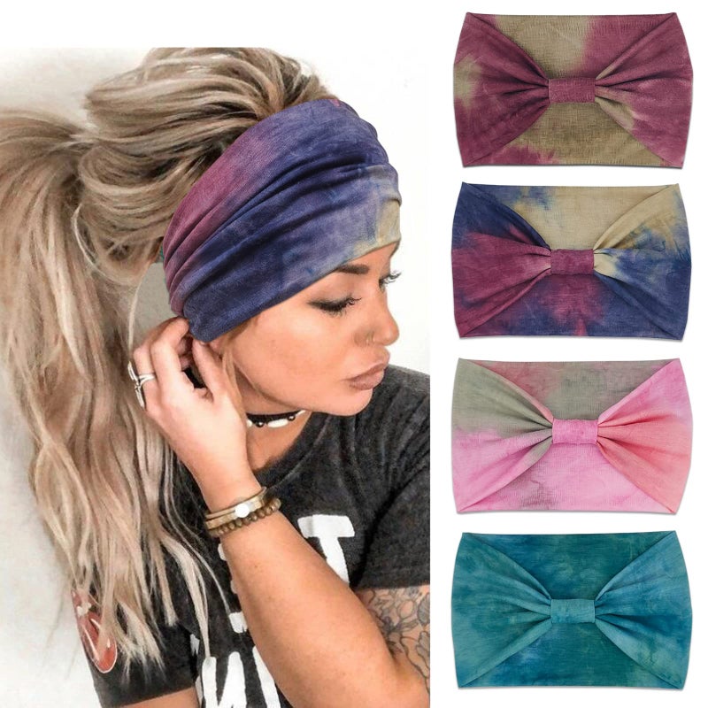 YONUF Wide Boho Headbands for Women Fashion Knotted Headband Yoga Workout Hair Accessories African Head Wrap Red Tie Dye 4 Pack