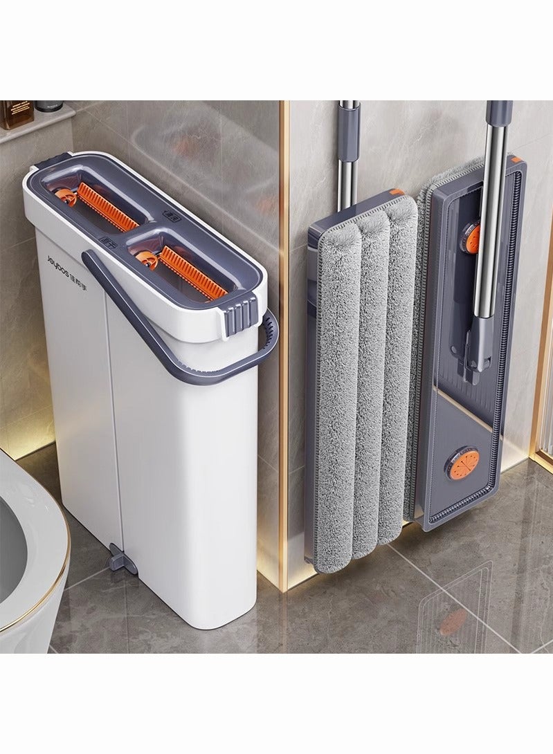 JOYBOS مجموعة ممسحة ودلو للتنظيف المنزلي، مع وسادتي ممسحة، ممسحة أرضية مسطحة دوارة مرنة، ممسحة مسطحة للغسيل بدون استخدام اليدين، ممسحة إزالة الغبار مع دلو، ممسحة رطبة وجافة - Image 1