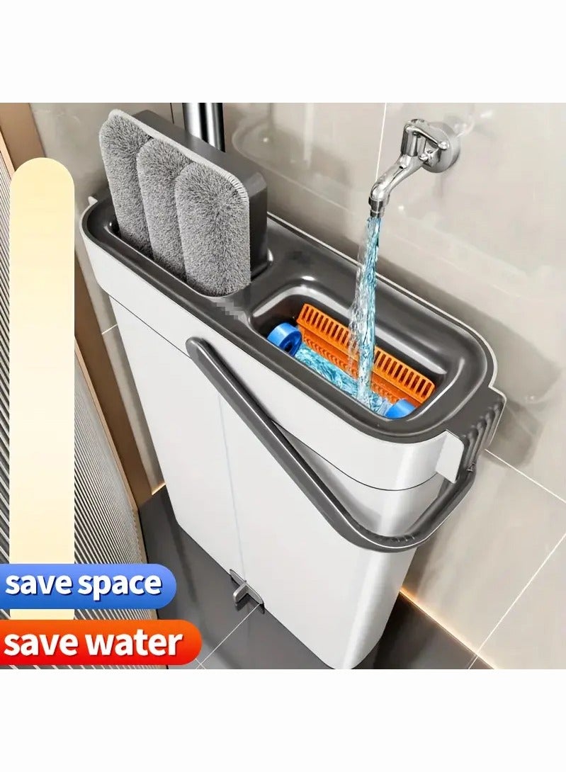 JOYBOS مجموعة ممسحة ودلو للتنظيف المنزلي، مع وسادتي ممسحة، ممسحة أرضية مسطحة دوارة مرنة، ممسحة مسطحة للغسيل بدون استخدام اليدين، ممسحة إزالة الغبار مع دلو، ممسحة رطبة وجافة - Image 4