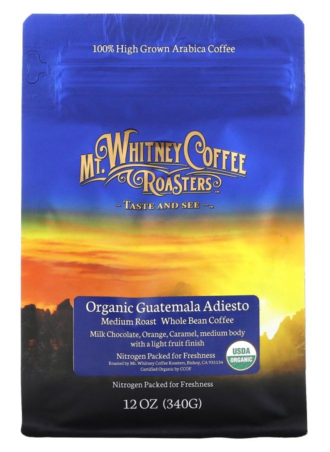 MT. WHITNEY COFFEE ROASTERS Organic Guatemala Adiesto Whole Bean Coffee Medium Roast 12 oz (340 g) 