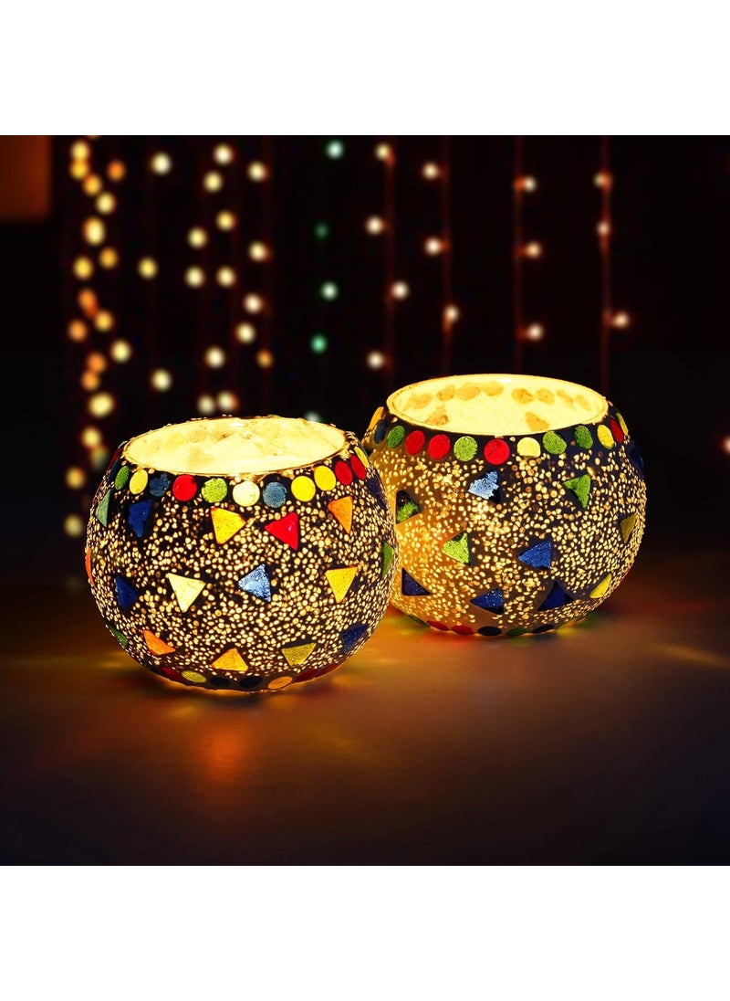 Webelkart WebelKart New Set of 2 Mosaic Glass TeaLight Votive Candle Holder with Tea Light Candles for Living Room Table Home Decor Indoor Outdoor -Christmas Decorations Items (Multicolor, Glass)  - Image 1