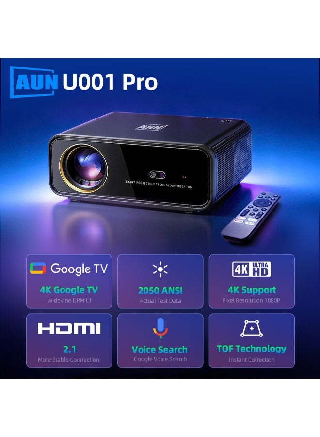 أون جهاز العرض الذكي U001 Pro 4K من جوجل، سطوع حقيقي 2050 ANSI، دقة عرض أصلية Full HD 1080P، ضبط تلقائي للصورة وتصحيح الانحراف بتقنية TOF، مكبرات صوت مزدوجة 4Ω*2، منفذ HDMI 2.1 قصير المدى للسينما المنزلية - Image 1