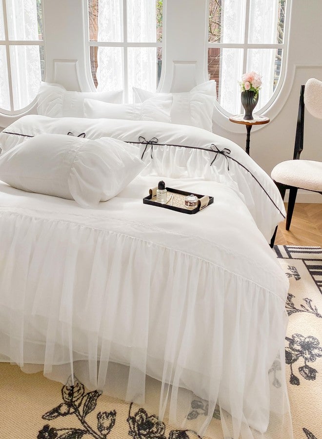 SOUKECHY Lace Ruffled Duvet Cover Set, White Chic Bedding with Cute Bow, Kids Twin Princess Bedding,100% Polyester,Lightweight, Zipper Closure, White Lace Twin Bedding Gift for Girls - Image 2