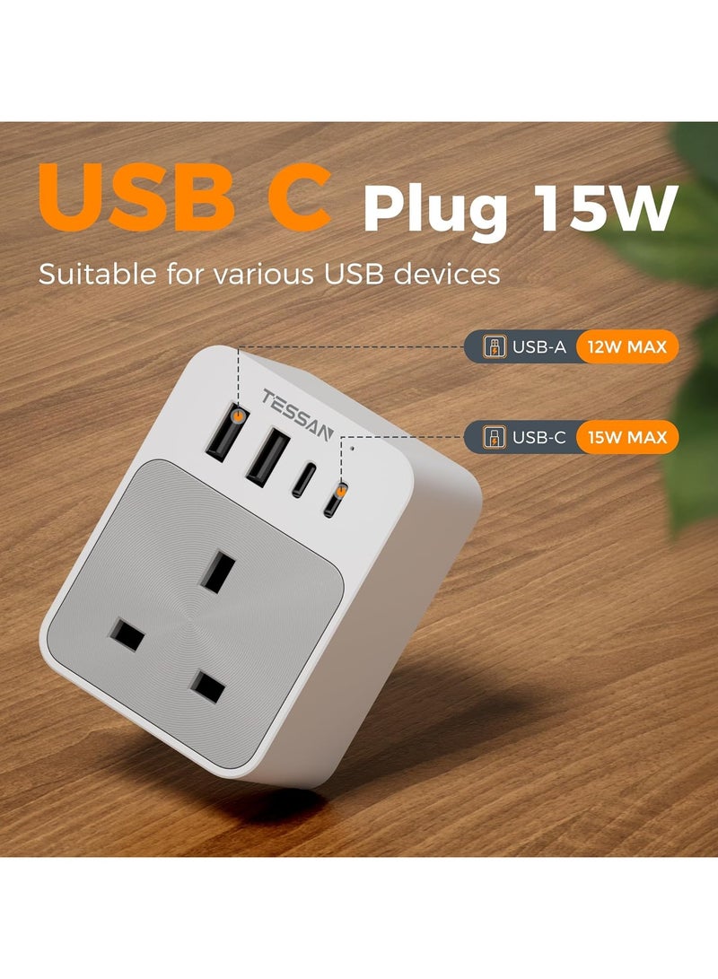 TESSAN Travel Adapter USB C Plug Adaptor UK, Multi Plug Extension Socket With 4 USB Charger, 1 Way Wall Charger Sockets 3250W, Power Adapter TESSAN Universal Travel Adapter 5 in 1 Multi Plug Extension Power Adapter Wall Charger For Home, Kitchen, Office, School Supplies - Image 2