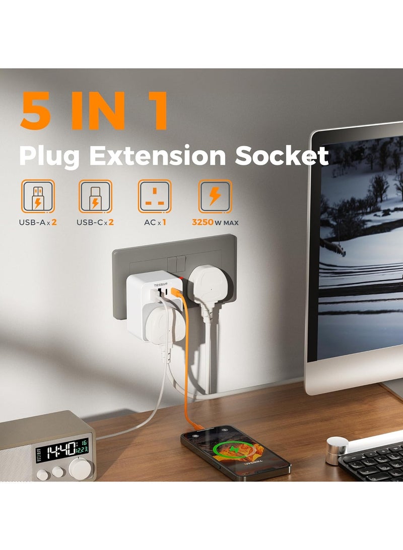 TESSAN Travel Adapter USB C Plug Adaptor UK, Multi Plug Extension Socket With 4 USB Charger, 1 Way Wall Charger Sockets 3250W, Power Adapter TESSAN Universal Travel Adapter 5 in 1 Multi Plug Extension Power Adapter Wall Charger For Home, Kitchen, Office, School Supplies - Image 3