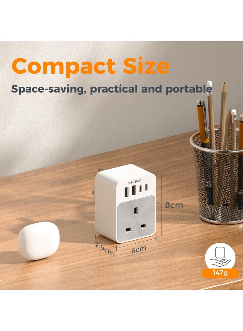 TESSAN Travel Adapter USB C Plug Adaptor UK, Multi Plug Extension Socket With 4 USB Charger, 1 Way Wall Charger Sockets 3250W, Power Adapter TESSAN Universal Travel Adapter 5 in 1 Multi Plug Extension Power Adapter Wall Charger For Home, Kitchen, Office, School Supplies - Image 4