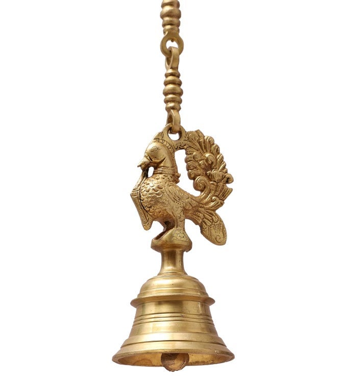 VINTAGE BRASS TEMPLE BELL WITH PEACOCK ON CHAIN BRASS TEMPLE DECOR BELL BRASS HANGING BELLS GOLDEN STANDARD PACK OF 1