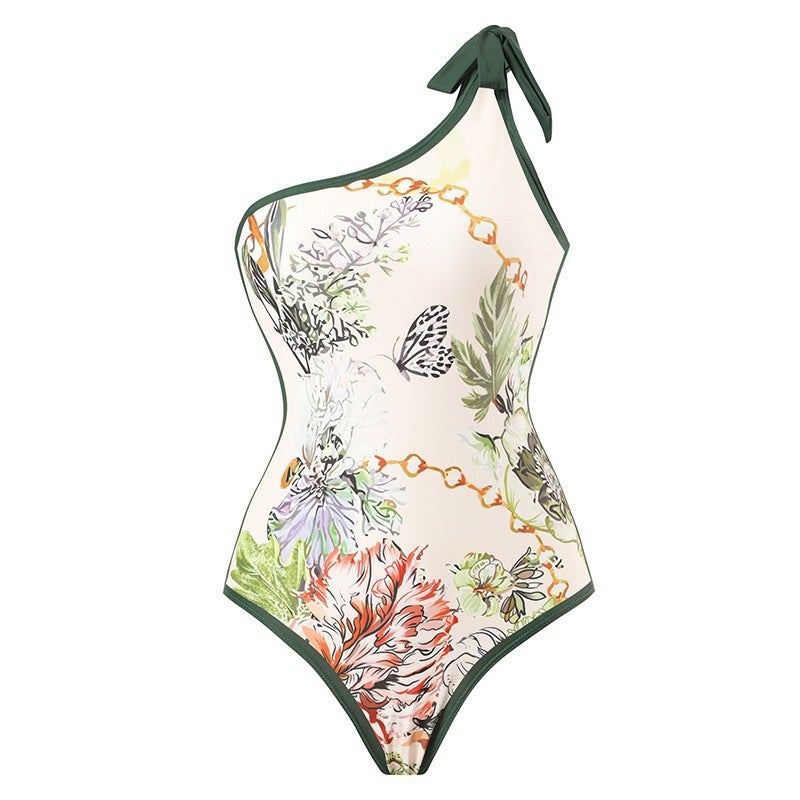 2026 Printed One-Shoulder Swimsuit Long Skirt Bikini Wave French Tight-Fitting Two-Piece Swimsuit - Image 4