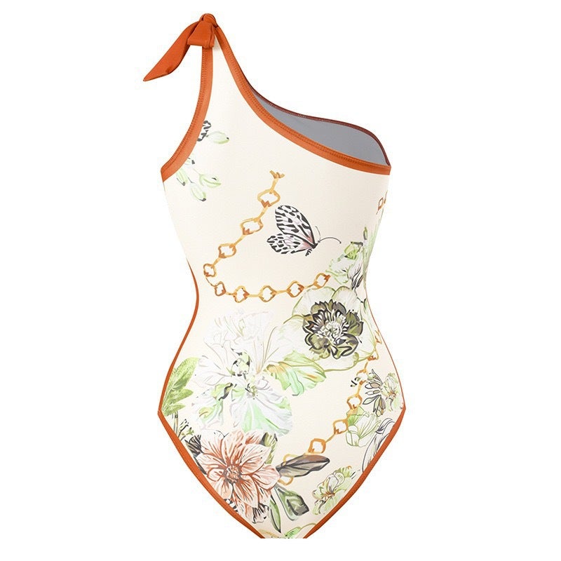 2026 Printed One-Shoulder Swimsuit Long Skirt Bikini Wave French Tight-Fitting Two-Piece Swimsuit - Image 1