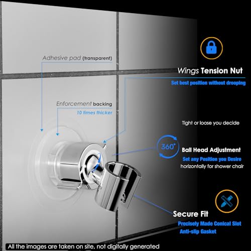 RIVOODS Handheld Shower Head Holder - 360 Swivel Adjustable - Adhesive Wall Mount Shower Wand Holder - Fits Smooth & Non Smooth Surface (Chrome) - Image 2