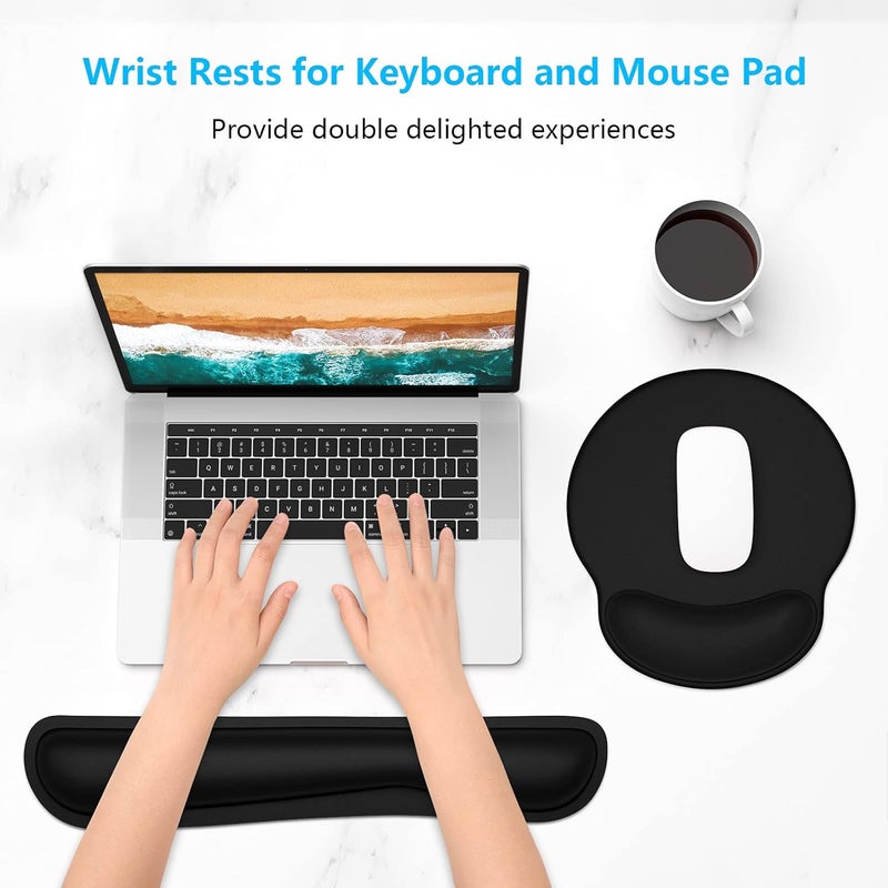 Dapesuom Keyboard Wrist Rest and Mouse Pad with Wrist Support, Memory Foam Cushion for Keyboard and Mouse Set, Ergonomic Desktop Pad Rests with Non Slip Base for Easy Typing & Pain Relief, Jet Black - Image 2
