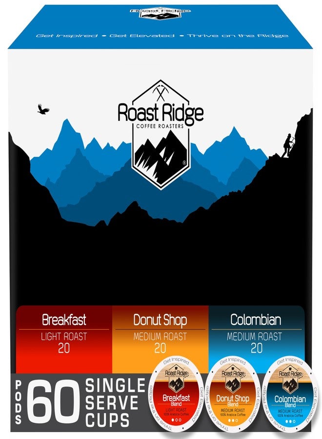 Roast Ridge كبسولات قهوة روست ريدج للاستخدام الفردي لماكينات تحضير القهوة كيوريج كي-كاب، عبوة متنوعة، تحميص متوسط/خفيف، 60 كبسولة (20 كبسولة من كل نوع: مزيج الإفطار، متجر الدونات، كولومبي) - Image 2