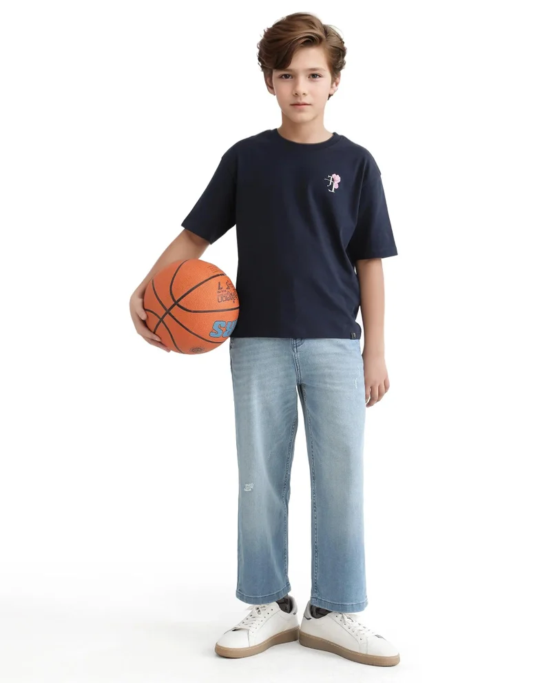 Rare Ones Rare Ones Kids Knix-K Navy Cotton Half Sleeve Slip-On Graphic Printed Boxy Fit T-Shirt