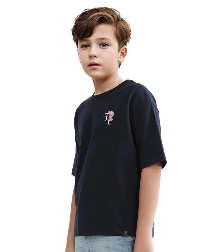 Rare Ones Rare Ones Kids Knix-K Navy Cotton Half Sleeve Slip-On Graphic Printed Boxy Fit T-Shirt