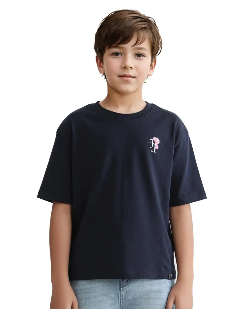 Rare Ones Rare Ones Kids Knix-K Navy Cotton Half Sleeve Slip-On Graphic Printed Boxy Fit T-Shirt