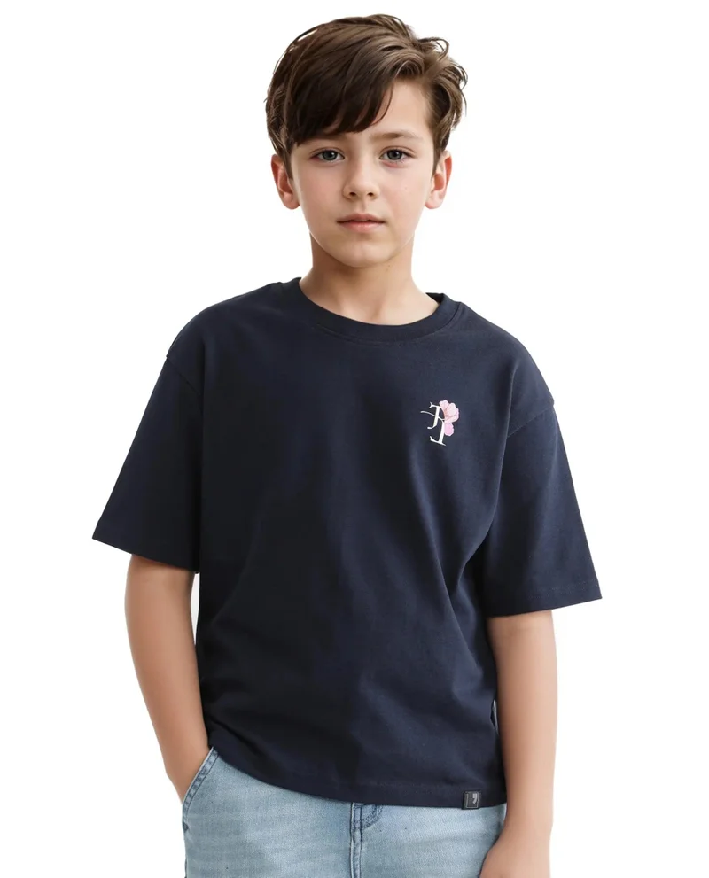 Rare Ones Rare Ones Kids Knix-K Navy Cotton Half Sleeve Slip-On Graphic Printed Boxy Fit T-Shirt