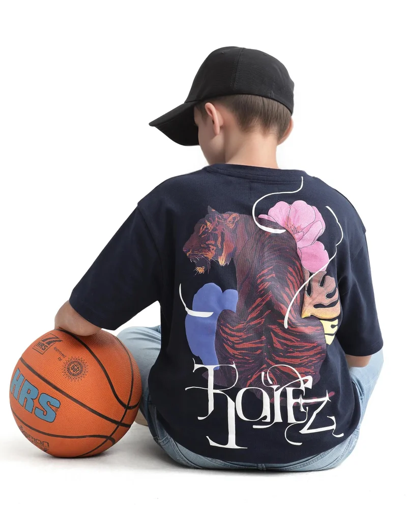 Rare Ones Rare Ones Kids Knix-K Navy Cotton Half Sleeve Slip-On Graphic Printed Boxy Fit T-Shirt