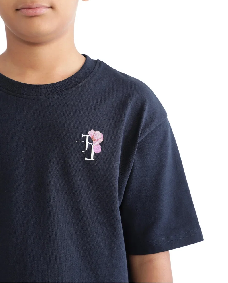 Rare Ones Rare Ones Kids Knix-K Navy Cotton Half Sleeve Slip-On Graphic Printed Boxy Fit T-Shirt