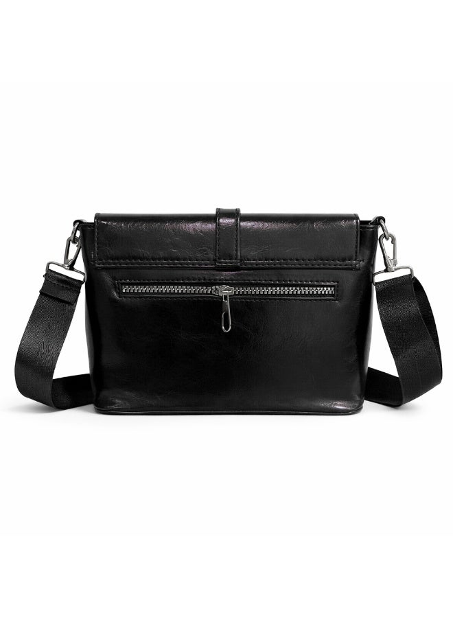 A classic women's crossbody bag crafted from premium genuine leather, featuring a stylish flap design, a distinctive silver metal clasp, and a wide, adjustable strap. - Image 3