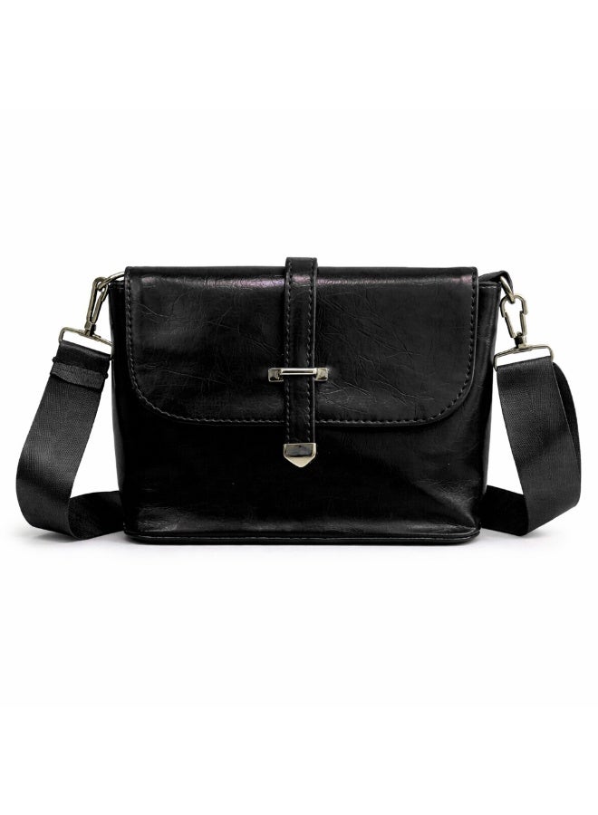 A classic women's crossbody bag crafted from premium genuine leather, featuring a stylish flap design, a distinctive silver metal clasp, and a wide, adjustable strap. - Image 2