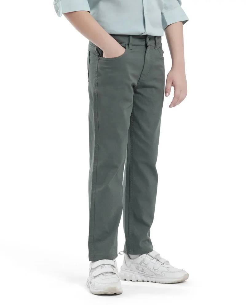 Rare Ones Rare Ones Kids Spoke-K Olive Cotton Button And Zip Closure Solid Regular Fit Trouser