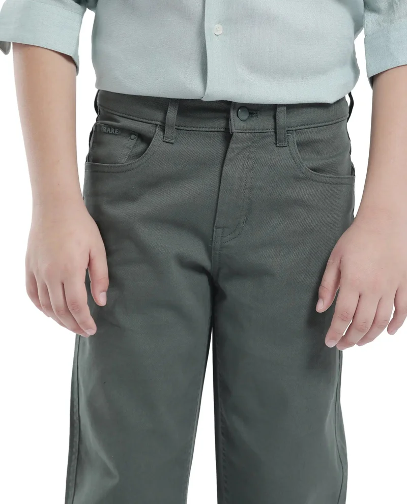 Rare Ones Rare Ones Kids Spoke-K Olive Cotton Button And Zip Closure Solid Regular Fit Trouser