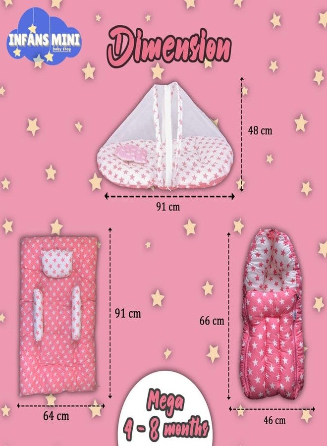 Infans Mini طقم مفروشات أطفال حديثي الولادة من إنفانز ميني، قطن فاخر | سرير محمول للأطفال | سرير مزود بناموسية | سرير نوم للأطفال من عمر 4-8 أشهر (ميجا) | طقم مفروشات محمول للجنسين مكون من 3 قطع | (لون وردي فاتح) - Image 4