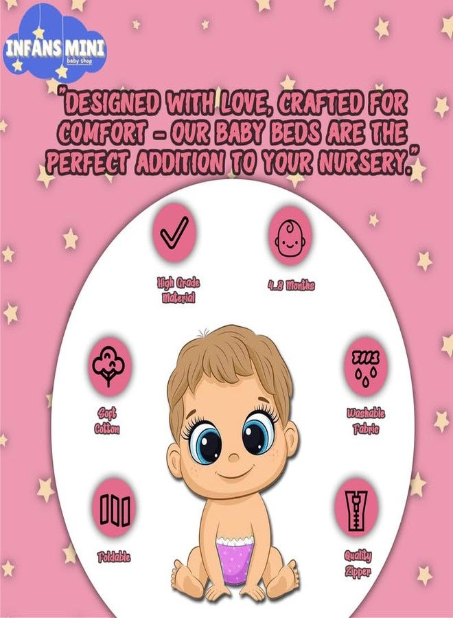 Infans Mini طقم مفروشات أطفال حديثي الولادة من إنفانز ميني، قطن فاخر | سرير محمول للأطفال | سرير مزود بناموسية | سرير نوم للأطفال من عمر 4-8 أشهر (ميجا) | طقم مفروشات محمول للجنسين مكون من 3 قطع | (لون وردي فاتح) - Image 3