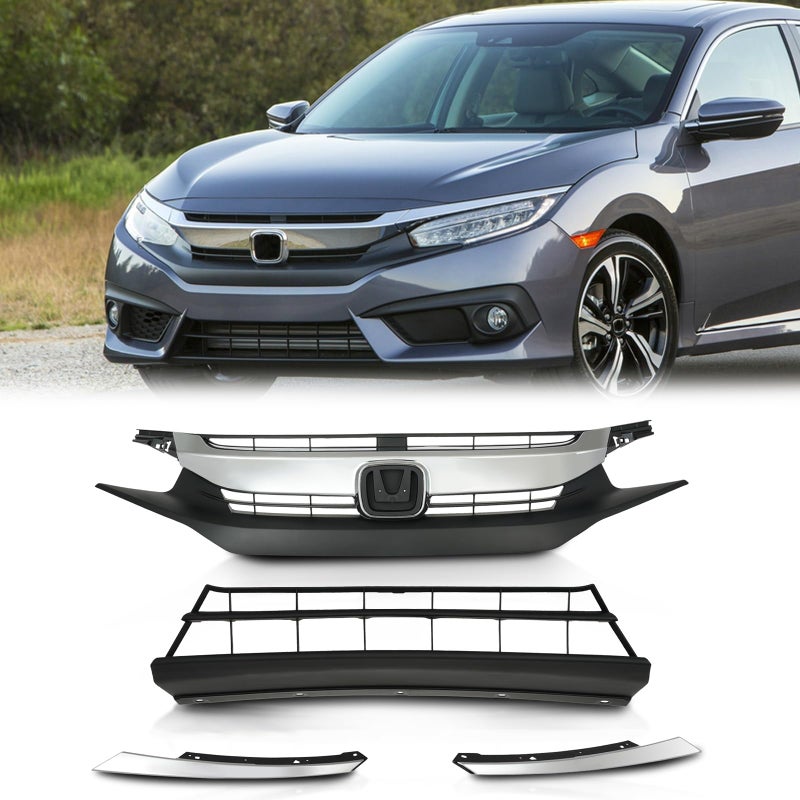 KARPAL Front Upper Lower Bumper Grille Grill Headlight Eyelid Molding Filler Chrome Comatible with 2016 2017 2018 Honda Civic