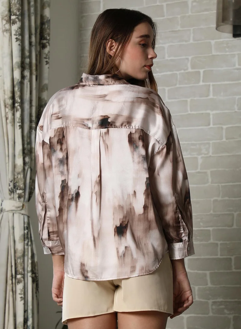 PINACOLADA  Women's Coffee Brown Stained Satin Oversized Shirt for Women | Best Price UAE
