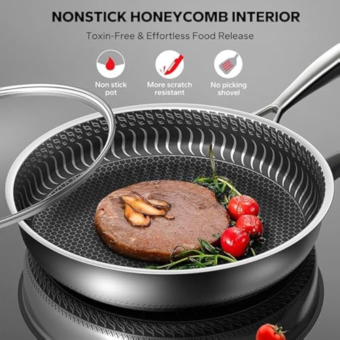 perforlld 11 Inch Stainless Steel Frying Pan Nonstick Fry Pan With Honeycomb Carving Induction Skillet Compatible With All Cooktops With Vertical Pot Lid Dishwasher  Oven Safe - Image 3