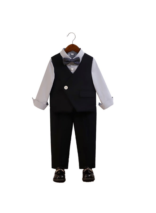 Luobobeibei Boys' Suit Vest Set Piano New Year Outfit Flower Boy Wedding Suit Navy Blue Four-piece Set Size 160 - Image 3