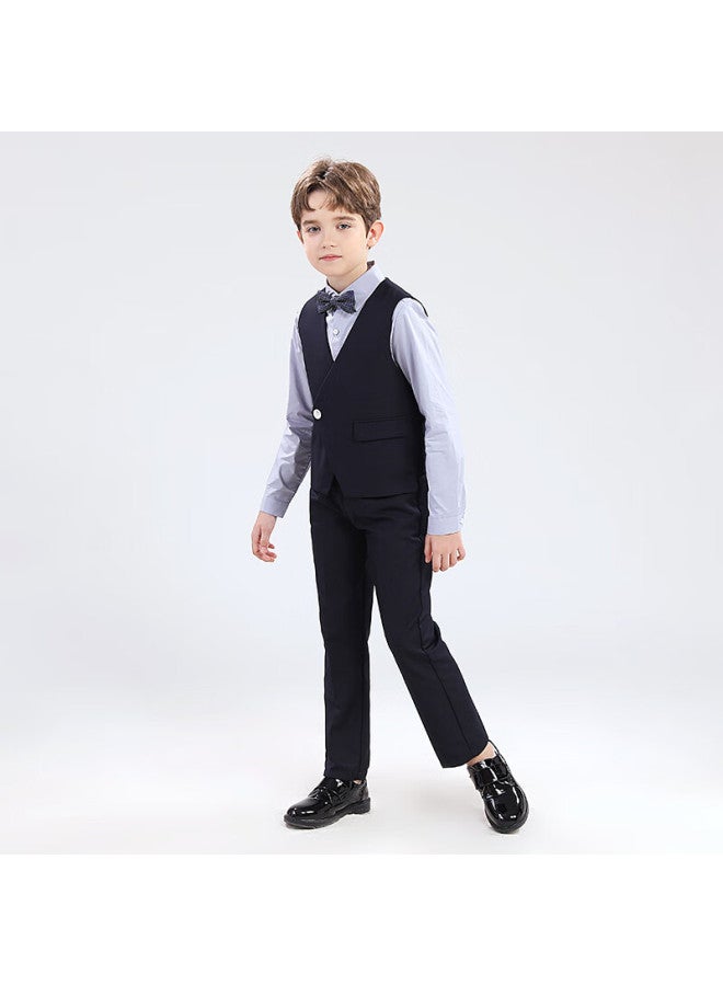 Luobobeibei Boys' Suit Vest Set Piano New Year Outfit Flower Boy Wedding Suit Navy Blue Four-piece Set Size 160 - Image 2