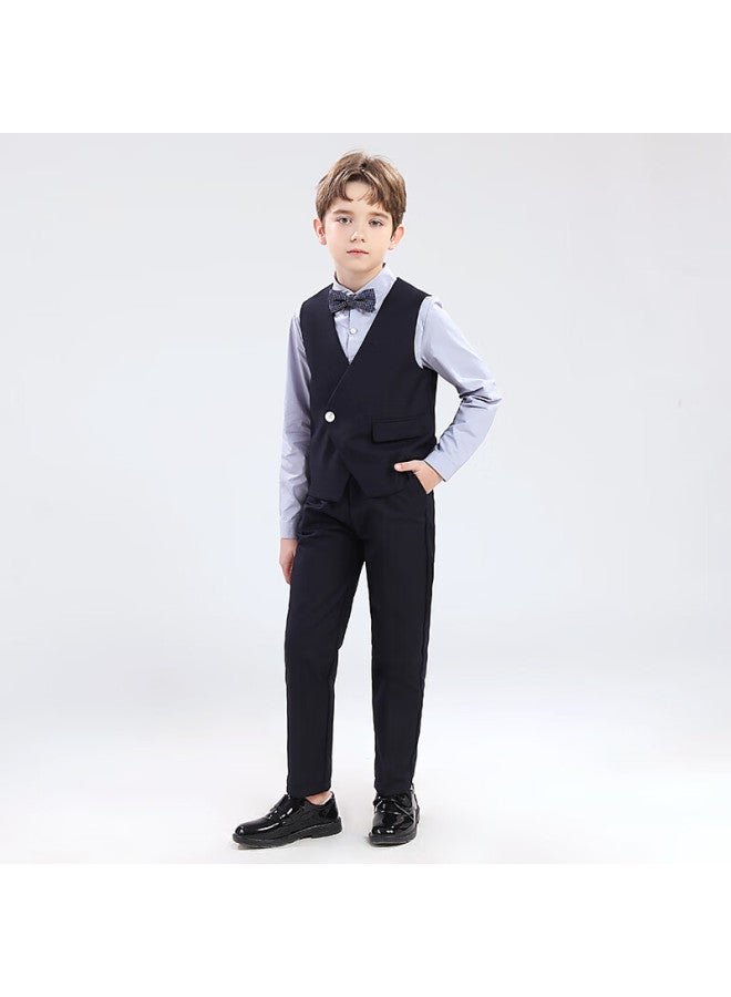 Luobobeibei Boys' Suit Vest Set Piano New Year Outfit Flower Boy Wedding Suit Navy Blue Four-piece Set Size 160 - Image 4