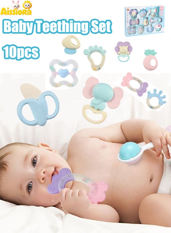 Aissiora 10-piece baby teething toy set, teething rattle toy, relieves teething discomfort, helps develop grasping skills, early education toy. - Image 1