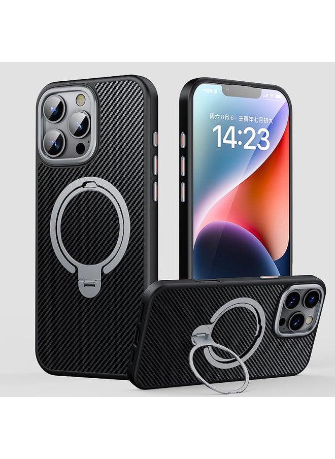 Generic - Suitable For Apple 16E Mobile Phone Case Carbon Fiber Bracket Magnetic 360 Ring IPhone16pro Drop-resistant Mobile Phone Case-Color:black Black-Applicable Model:iPhone16plus (with Metal Lens Frame) - Image 1
