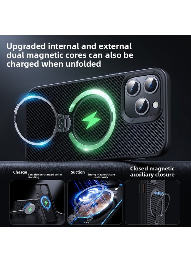 Generic - Suitable For Apple 16E Mobile Phone Case Carbon Fiber Bracket Magnetic 360 Ring IPhone16pro Drop-resistant Mobile Phone Case-Color:black Black-Applicable Model:iPhone16plus (with Metal Lens Frame) - Image 1